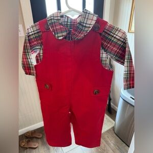 The Beaufort Bonnet Company Red Overalls with Plaid Romper